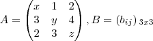 A=\begin{pmatrix}
x & 1 & 2 \\
3 & y & 4 \\
2 & 3 & z
\end{pmatrix}, B= \left({b}_{ij} \right){}_{3x3} A=\begin{pmatrix}
x & 1 & 2 \\
3 & y & 4 \\
2 & 3 & z
\end{pmatrix}, B= \left({b}_{ij} \right){}_{3x3}