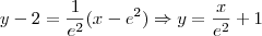 y - 2 = \frac{1}{e^2}(x-e^2) \Rightarrow y = \frac{x}{e^2}+1 y - 2 = \frac{1}{e^2}(x-e^2) \Rightarrow y = \frac{x}{e^2}+1