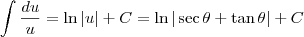 \int \frac{du}{u} = \ln |u| + C = \ln |\sec \theta + \tan \theta| + C \int \frac{du}{u} = \ln |u| + C = \ln |\sec \theta + \tan \theta| + C