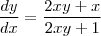 \frac{dy}{dx}=\frac{2xy+x}{2xy+1} \frac{dy}{dx}=\frac{2xy+x}{2xy+1}