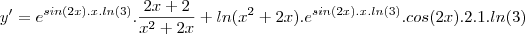 y'=e^{sin(2x).x.ln(3)}.\frac{2x+2}{x^2 +2x} + ln(x^2 +2x).e^{sin(2x).x.ln(3)}.cos(2x).2.1.ln(3)