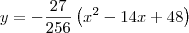 y = - \frac{27}{256}\left( x^2 - 14x + 48 \right) y = - \frac{27}{256}\left( x^2 - 14x + 48 \right)