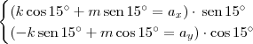 \begin{cases} (k\cos 15^\circ + m\,\textrm{sen}\,15^\circ = a_x)\cdot\,\textrm{sen}\,15^\circ \\ (-k\,\textrm{sen}\,15^\circ + m\cos 15^\circ = a_y)\cdot\cos 15^\circ  \end{cases}