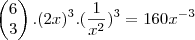 \begin{pmatrix}
   6  \\ 
   3 
\end{pmatrix} . (2x)^3 . (\frac{1}{x^2})^3 = 160x^{-3}}