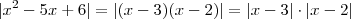 |x^2 -5x +6| = |(x-3)(x-2)| = |x-3| \cdot |x-2| |x^2 -5x +6| = |(x-3)(x-2)| = |x-3| \cdot |x-2|