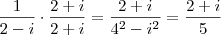 \frac{1}{2-i} \cdot \frac{2+i}{2+i} = \frac{2+i}{4^2 -i^2} = \frac{2+i}{5} \frac{1}{2-i} \cdot \frac{2+i}{2+i} = \frac{2+i}{4^2 -i^2} = \frac{2+i}{5}