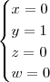 \begin{cases}
x = 0\\
y = 1\\
z  = 0\\
w = 0
\end{cases}