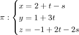 \pi : \begin{cases} x= 2 +t -s \\ y=1+3t \\ z =-1 +2t -2s \end{cases} \pi : \begin{cases} x= 2 +t -s \\ y=1+3t \\ z =-1 +2t -2s \end{cases}