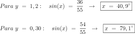 \\
Para~y~=~1,2:~~~sin(x)~=~\frac{36}{55}~~\rightarrow~~\boxed{x~=~40,9^\circ}
\\
\\\\
Para~y~=~0,30:~~~sin(x)~=~\frac{54}{55}~~\rightarrow~~\boxed{x~=~79,1^\circ}