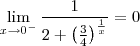 \lim_{x\to 0^-}\frac{1}{2+\left(\frac{3}{4}}\right)^{\frac{1}{x}}}=0