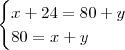 \begin{cases}
x+24 = 80+y \\
80 = x+y
\end{cases} \begin{cases}
x+24 = 80+y \\
80 = x+y
\end{cases}