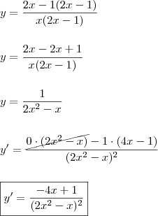 \\ y = \frac{2x - 1(2x - 1)}{x(2x - 1)} \\\\\\ y = \frac{2x - 2x + 1}{x(2x - 1)} \\\\\\ y = \frac{1}{2x^2 - x} \\\\\\ y' = \frac{\cancel{0 \cdot (2x^2 - x)} - 1 \cdot (4x - 1)}{(2x^2 - x)^2} \\\\\\ \boxed{y' = \frac{- 4x + 1}{(2x^2 - x)^2}} \\ y = \frac{2x - 1(2x - 1)}{x(2x - 1)} \\\\\\ y = \frac{2x - 2x + 1}{x(2x - 1)} \\\\\\ y = \frac{1}{2x^2 - x} \\\\\\ y' = \frac{\cancel{0 \cdot (2x^2 - x)} - 1 \cdot (4x - 1)}{(2x^2 - x)^2} \\\\\\ \boxed{y' = \frac{- 4x + 1}{(2x^2 - x)^2}}