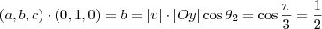 (a,b,c) \cdot (0,1,0) = b = |v| \cdot |Oy| \cos \theta_2 = \cos \frac{\pi}{3} = \frac{1}{2} (a,b,c) \cdot (0,1,0) = b = |v| \cdot |Oy| \cos \theta_2 = \cos \frac{\pi}{3} = \frac{1}{2}