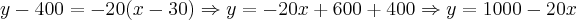 y - 400= -20 (x - 30) \Rightarrow y = -20x + 600+400 \Rightarrow y = 1000 - 20x y - 400= -20 (x - 30) \Rightarrow y = -20x + 600+400 \Rightarrow y = 1000 - 20x