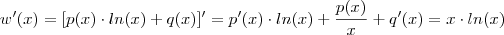 w'(x) = [p(x)\cdot ln(x) +  q(x)]' = p'(x) \cdot ln(x) + \frac{p(x)}{x} + q'(x) = x \cdot ln(x)