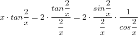 x \cdot tan \frac{2}{x} = 2 \cdot \frac{tan \dfrac{2}{x}}{\dfrac{2}{x}} = 2\cdot {\frac{sin\dfrac{2}{x}}{\dfrac{2}{x}}} \cdot \frac{1}{cos\dfrac{2}{x}} x \cdot tan \frac{2}{x} = 2 \cdot \frac{tan \dfrac{2}{x}}{\dfrac{2}{x}} = 2\cdot {\frac{sin\dfrac{2}{x}}{\dfrac{2}{x}}} \cdot \frac{1}{cos\dfrac{2}{x}}