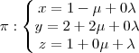 \pi : \left\{\begin{matrix}x = 1 - \mu + 0\lambda \\ y = 2 + 2\mu + 0\lambda \\ z = 1 + 0\mu + \lambda \end{matrix}\right.