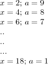 \\x=2;\,a=9\\x=4;\,a=8\\x=6;\,a=7\\..\\..\\...\\x=18;\,a=1 \\x=2;\,a=9\\x=4;\,a=8\\x=6;\,a=7\\..\\..\\...\\x=18;\,a=1