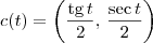 c(t) = \left(\frac{\textrm{tg}\, t}{2},\, \frac{\sec t}{2}\right) c(t) = \left(\frac{\textrm{tg}\, t}{2},\, \frac{\sec t}{2}\right)