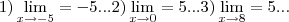 1)\lim_{x\rightarrow -5}=-5...
2)\lim_{x\rightarrow 0}=5...
3)\lim_{x\rightarrow 8}=5...