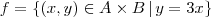 f = \{ (x,y) \in A \times B \, | \, y=3x \}
