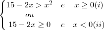 \left\{\begin{matrix}
15-2x>x^2&e&x\geq0 (i) \\
ou\\
15-2x\geq0&e&x<0 (ii)
\end{matrix}\right. \left\{\begin{matrix}
15-2x>x^2&e&x\geq0 (i) \\
ou\\
15-2x\geq0&e&x<0 (ii)
\end{matrix}\right.