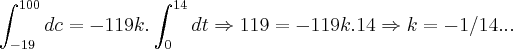 \int_{-19}^{100}dc=-119k.\int_{0}^{14}dt\Rightarrow 119=-119k.14\Rightarrow k=-1/14...