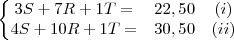 \left\{\begin{matrix}
3S + 7R + 1T= &22,50 &(i)\\ 
4S + 10R + 1T= &30,50 &(ii)
\end{matrix}\right.