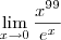 \lim_{x\to 0}{\frac{{x}^{99}}{{e}^{x}}} \lim_{x\to 0}{\frac{{x}^{99}}{{e}^{x}}}