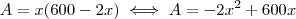A=x(600-2x)\iff A=-2x^2+600x A=x(600-2x)\iff A=-2x^2+600x