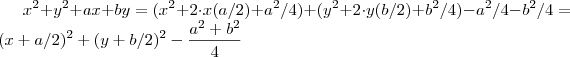 x^2 + y^2 + ax+ by= (x^2 + 2\cdot x ( a/2) + a^2/4) + (y^2 + 2\cdot y (b/2) + b^2/4) - a^2/4 - b^2/4 = (x+a/2)^2 + (y+b/2)^2 - \frac{a^2 +b^2}{4} x^2 + y^2 + ax+ by= (x^2 + 2\cdot x ( a/2) + a^2/4) + (y^2 + 2\cdot y (b/2) + b^2/4) - a^2/4 - b^2/4 = (x+a/2)^2 + (y+b/2)^2 - \frac{a^2 +b^2}{4}