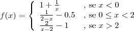 f(x)=
 \left\{ 
\begin{array}{ll}
 1+\frac{1}{x} &\textrm{, se } x<0 \\
 \frac{1}{2-x}-0.5 &\textrm{, se } 0 \leq x<2 \\
 \frac{2}{x-2}-1 &\textrm{, se } x>2 \\
\end{array} 
\right