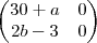 \begin{pmatrix}
30+a & 0 \\
2b-3 & 0
\end{pmatrix} \begin{pmatrix}
30+a & 0 \\
2b-3 & 0
\end{pmatrix}