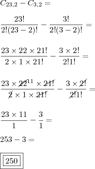 \\ C_{23, 2} - C_{3, 2} = \\\\ \frac{23!}{2!(23 - 2)!} - \frac{3!}{2!(3 - 2)!} = \\\\\\ \frac{23 \times 22 \times 21!}{2 \times 1 \times 21!} - \frac{3 \times 2!}{2! 1!} = \\\\\\  \frac{23 \times \cancel{22}^{11} \times \cancel{21!}}{\cancel{2} \times 1 \times \cancel{21!}} - \frac{3 \times \cancel{2!}}{\cancel{2!} 1!} = \\\\\\ \frac{23 \times 11}{1} - \frac{3}{1} = \\\\ 253 - 3 = \\\\ \boxed{\boxed{250}}