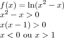 \\f(x)=\ln(x^2-x)\\x^2-x>0\\x(x-1)>0\\x<0\text{ ou }x>1