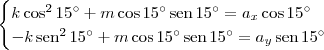 \begin{cases} k\cos^2 15^\circ + m\cos 15^\circ\,\textrm{sen}\,15^\circ = a_x\cos 15^\circ \\ -k\,\textrm{sen}^2\,15^\circ + m\cos 15^\circ\,\textrm{sen}\,15^\circ = a_y\,\textrm{sen}\,15^\circ\end{cases}