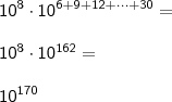 \\ \mathsf{10^8 \cdot 10^{6 + 9 + 12 + \cdots + 30} =} \\\\ \mathsf{10^8 \cdot 10^{162} =} \\\\ \mathsf{10^{170}}