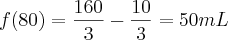 f(80)=\frac{160}{3}- \frac{10}{3} = 50 mL f(80)=\frac{160}{3}- \frac{10}{3} = 50 mL
