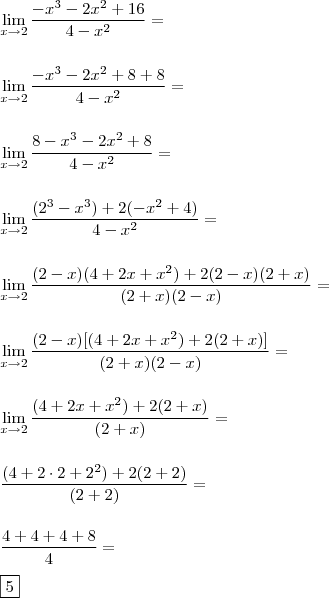 \\ \lim_{x \rightarrow 2} \frac{- x^3 - 2x^2 + 16}{4 - x^2} = \\\\\\ \lim_{x \rightarrow 2} \frac{- x^3 - 2x^2 + 8 + 8}{4 - x^2} = \\\\\\ \lim_{x \rightarrow 2} \frac{8 - x^3 - 2x^2 + 8}{4 - x^2} = \\\\\\ \lim_{x \rightarrow 2} \frac{(2^3 - x^3) + 2(- x^2 + 4)}{4 - x^2} = \\\\\\ \lim_{x \rightarrow 2} \frac{(2 - x)(4 + 2x + x^2) + 2(2 - x)(2 + x)}{(2 + x)(2 - x)} = \\\\\\ \lim_{x \rightarrow 2} \frac{(2 - x)[(4 + 2x + x^2) + 2(2 + x)]}{(2 + x)(2 - x)} = \\\\\\ \lim_{x \rightarrow 2} \frac{(4 + 2x + x^2) + 2(2 + x)}{(2 + x)} =\\\\\\\frac{(4 + 2 \cdot 2 + 2^2) + 2(2 + 2)}{(2 + 2)} = \\\\\\ \frac{4 + 4 + 4 + 8}{4} = \\\\ \boxed{5}
