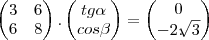 \begin{pmatrix}
   3 & 6  \\ 
   6 & 8 
\end{pmatrix} . \begin{pmatrix}
   tg \alpha  \\ 
   cos \beta  
\end{pmatrix} = 
\begin{pmatrix}
   0  \\ 
   -2.\sqrt[]{3} 
\end{pmatrix}