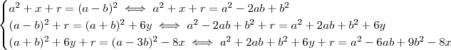 \begin{cases}a^2+x+r=(a-b)^2\iff a^2+x+r=a^2-2ab+b^2\\ (a-b)^2+r=(a+b)^2+6y\iff a^2-2ab+b^2+r=a^2+2ab+b^2+6y\\ (a+b)^2+6y+r=(a-3b)^2-8x\iff a^2+2ab+b^2+6y+r=a^2-6ab+9b^2-8x\end{cases}