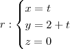 r:
\begin{cases}x = t \\ y = 2 + t \\ z = 0\end{cases} r:
\begin{cases}x = t \\ y = 2 + t \\ z = 0\end{cases}