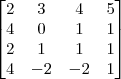 \begin{bmatrix}
2 & 3 & 4 & 5 \\
4 & 0 & 1 & 1 \\
2 & 1 & 1 & 1 \\
4 & -2 & -2 & 1
\end{bmatrix} \begin{bmatrix}
2 & 3 & 4 & 5 \\
4 & 0 & 1 & 1 \\
2 & 1 & 1 & 1 \\
4 & -2 & -2 & 1
\end{bmatrix}