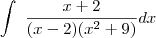 \int\limits_{}~\frac{x+2}{(x-2)(x^2+9)} dx