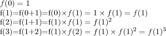 f(0)=1

f(1)=f(0+1)=f(0)\times f(1)=1\times f(1)=f(1)

f(2)=f(1+1)=f(1)\times f(1)=f(1)^2

f(3)=f(1+2)=f(1)\times f(2)=f(1)\times f(1)^2=f(1)^3