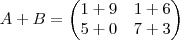 A + B =
\begin{pmatrix}
1+9 & 1+6 \\
5+0 & 7+3
\end{pmatrix} A + B =
\begin{pmatrix}
1+9 & 1+6 \\
5+0 & 7+3
\end{pmatrix}