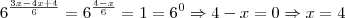 6^{\frac{3x-4x+4}{6}} = 6^{\frac{4-x}{6}}=1=6^{0}\Rightarrow 4-x=0\Rightarrow x=4 6^{\frac{3x-4x+4}{6}} = 6^{\frac{4-x}{6}}=1=6^{0}\Rightarrow 4-x=0\Rightarrow x=4