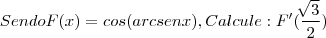 Sendo F(x) = cos(arcsenx) , Calcule : F'(\frac{\sqrt[]{3}}{2})