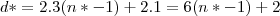 d* = 2.3(n*-1) + 2.1 = 6(n*-1) + 2