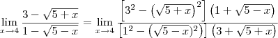 \lim_{x \to 4}\frac{3-\sqrt{5+x}}{1-\sqrt{5-x}} = \lim_{x \to 4}\frac{\left[3^2-\left(\sqrt{5+x}\right)^2\right]\left(1 + \sqrt{5 - x}\right)}{\left[1^2-\left(\sqrt{5-x})^2\right)\right]\left(3+\sqrt{5+x}\right)}